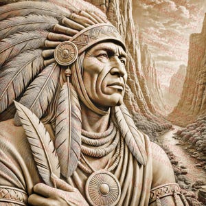 May include: A carved wooden sculpture of a Native American man wearing a headdress with feathers. The sculpture is set against a background of carved rock formations.