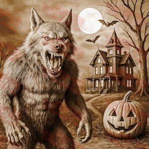 Ilusão 3D Lobisomem PNG – Cena de Halloween Assombrada para Gravação a Laser – Design de Terror ao Luar – 14x14 – GF5Bucks®