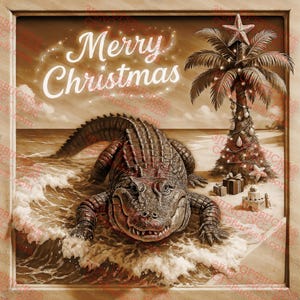 3D Illusion Weihnachtsgator PNG - Florida Urlaub Lasergravur Design - Palme Strand Szene - 14x14 - GF5Bucks®