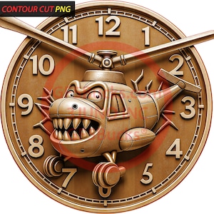 Puede incluir: Un reloj de pared caprichoso con un diseño de helicóptero de dibujos animados. La esfera del reloj es de color marrón cálido con manecillas y números dorados. El helicóptero tiene una sonrisa amenazante y está integrado en el diseño del reloj. El texto "CONTOUR CUT PNG" está en la esquina superior izquierda.