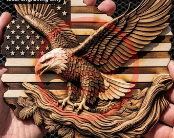 May include: Wooden laser-engraved artwork featuring an American flag and a detailed bald eagle with outstretched wings. The eagle is perched on a detailed wooden branch. The text "FULL CUT PNG laser engraving only" is at the top.