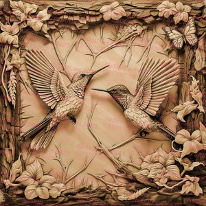 3D Illusion | Laser Burn PNG Digital File | Perfect for Engraving | Laser Ready Design | Instant Download | Hummingbirds | Carved Wood Look