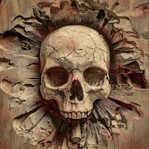 May include: A detailed, carved wooden relief featuring a human skull at the center. The skull is off-white with visible cracks, surrounded by a textured, weathered wooden frame. The overall design has a gothic or macabre theme.