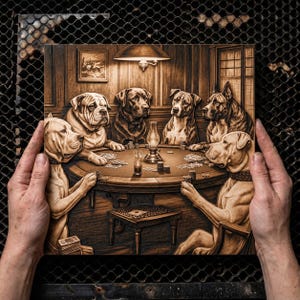 May include: A wooden wall art piece depicting a poker game with dogs. The artwork features six dogs around a poker table, with cards and chips visible. The piece is in shades of brown and tan, with a vintage aesthetic.