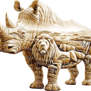 Illusione 3D / File digitale PNG Laser Burn / Per incisione / Pronto per laser / Download immediato / Leoni / Rinoceronti / Africa