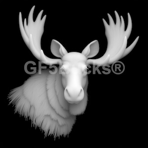 Peut inclure: Sculpture en forme de tête d'élan blanche en 3D, avec de grands bois et une texture de fourrure détaillée. La sculpture est placée sur un fond noir, créant un contraste saisissant. Le texte "GF5BCKS®" est inclus.