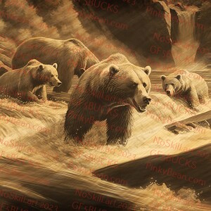 Peut inclure: Trois ours bruns pataugent dans un cours d'eau. Les ours sont tous tournés dans la même direction, le plus grand étant au premier plan. L'eau coule autour des ours, créant un sentiment de mouvement. L'arrière-plan est une image floue d'une forêt.