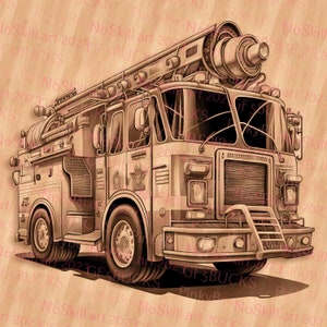 May include: A vintage-style illustration of a fire truck with a ladder, hose, and a detailed front grill. The truck is drawn in sepia tones on a woodgrain background.