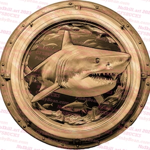 May include: A bronze-toned circular relief sculpture featuring a great white shark within a porthole frame. The shark is detailed with open jaws, teeth visible, and is surrounded by smaller fish. The frame has rivets and the text "NoSkill.art 2023 GF5BUCKS PinkyBean.com".