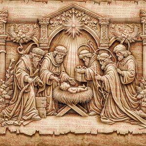 May include: A carved wooden nativity scene depicting the birth of Jesus. The scene features a manger with a baby Jesus, three wise men, and a star above. The scene is carved in a light brown wood and has a rustic, antique look.