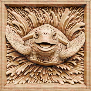 Puede incluir: Una escultura de madera tallada de una tortuga nadando a través de una ola. La tortuga tiene una amplia sonrisa y su caparazón está decorado con intrincados tallados. La ola está formada por líneas sinuosas y fluidas.
