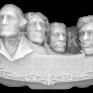 May include: A white sculpture depicting the faces of four U.S. presidents, reminiscent of Mount Rushmore. The sculpture includes the text "USA 250 YEARS 1776-2026" with decorative floral elements. The sculpture is set against a black background.