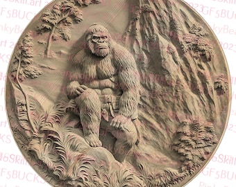 May include: A carved wooden round plaque depicting a large, hairy Bigfoot sitting on a rock with a mountain in the background. The plaque is surrounded by carved trees and foliage.