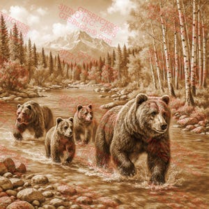 Familia de osos grizzly con ilusión 3D PNG – Diseño de grabado láser con escena de río y vida silvestre – Arte natural – 14x14 – GF5Bucks®