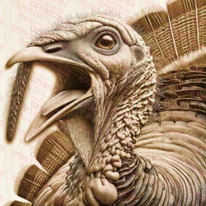 Puede incluir: Un primer plano de un pavo de madera tallado con la boca abierta y las plumas visibles. El pavo está en tono sepia.