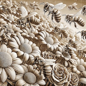 May include: A detailed illustration of a field of daisies with bees flying around them. The image is in sepia tones and has a vintage feel.