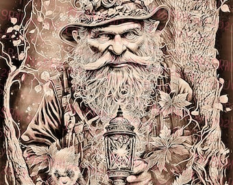 May include: A sepia-toned illustration of a bearded, gnome-like figure wearing a hat with a lantern in one hand and a small animal in the other. The figure is standing in a forest setting with trees and leaves.