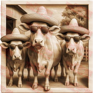 3D Illusion Party Kuh Trio PNG - Lustige Bauernhoftierszene - Lasergravurprojekt - 13.97x13.93 - GF5Bucks®