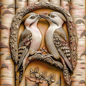 Pájaros carpinteros besándose, ilusión 3D, grabado láser PNG (14 x 14 pulgadas) – Arte grabado de vida silvestre GF5Bucks®