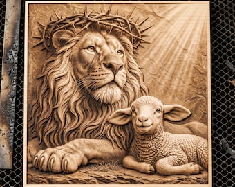 3D Illusion Laser Engraving PNG Art for Lion Lamb Thorns Portrait