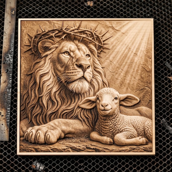 3D Illusion Laser Engraving PNG Art for Lion Lamb Thorns Portrait