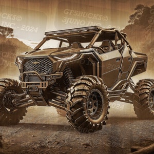 Op de afbeelding: Een bruine terreinwagen met grote banden en een rolkooi. De auto staat geparkeerd op een onverharde weg met een houten gebouw op de achtergrond.