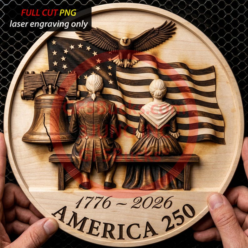 May include: A wooden, circular carving featuring an American flag, an eagle, and two figures seated on a bench. The Liberty Bell is on the left. The text "1776-2026 AMERICA 250" is carved at the bottom. The text "FULL CUT PNG laser engraving only" is at the top.