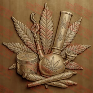 May include: A gold-colored metal sculpture of a marijuana bong, grinder, and joint. The bong is decorated with a marijuana leaf design. The sculpture is surrounded by marijuana leaves.