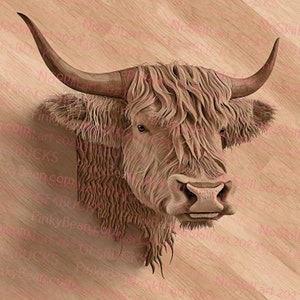 Op de afbeelding: Een close-up van een bruin Highland-koeienhoofd met lang, ruig haar. Het gezicht van de koe is zichtbaar, met een grote, bruine neus en donkere ogen. De achtergrond is een lichtbruine houtnerf.