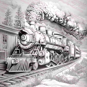 May include: Detailed black and white illustration of a vintage steam train. The train is on a track next to a small building and is emitting a large cloud of smoke. The image is a coloring page.