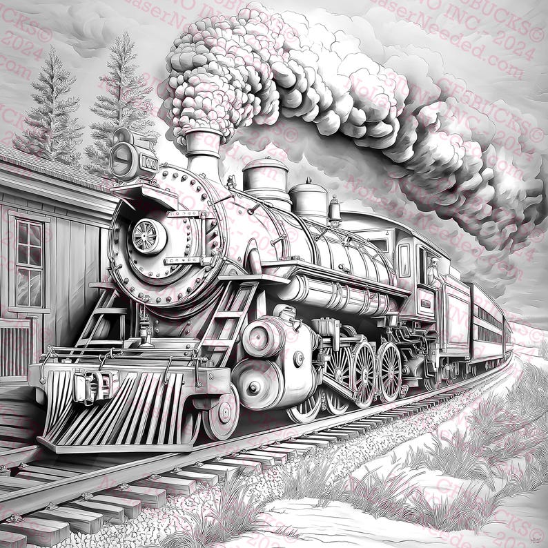 May include: Detailed black and white illustration of a vintage steam train. The train is on a track next to a small building and is emitting a large cloud of smoke. The image is a coloring page.