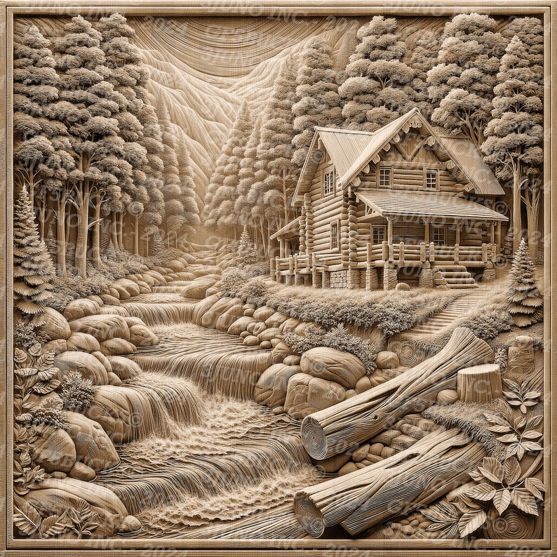 May include: A detailed wood carving depicts a serene mountain scene. A log cabin sits nestled among trees, beside a flowing river with waterfalls. The carving includes logs, rocks, and foliage, all rendered in shades of brown.
