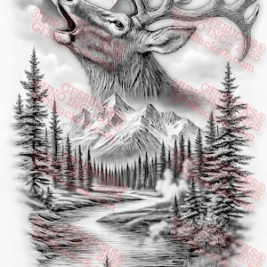 May include: Black and white illustration of a majestic elk with large antlers, roaring under a full moon. The artwork depicts a mountain landscape with a river and pine trees, creating a wilderness scene.