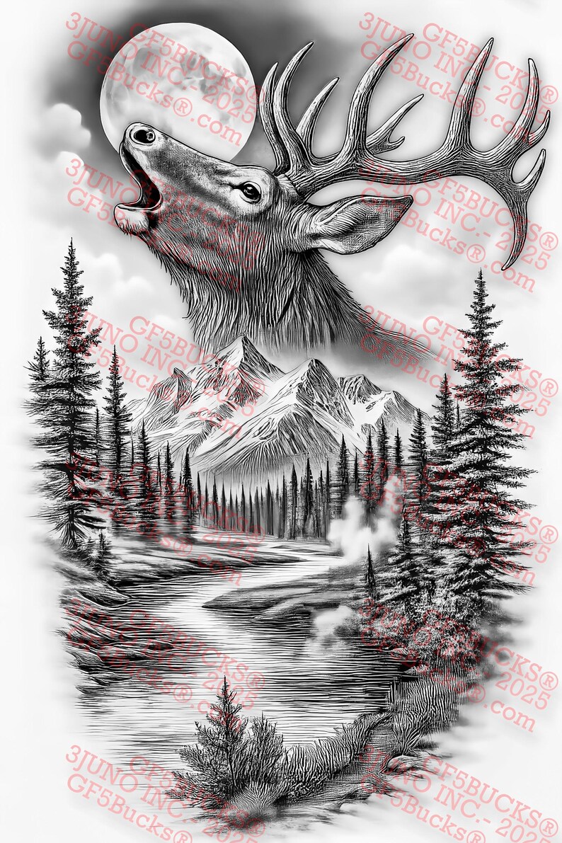 May include: Black and white illustration of a majestic elk with large antlers, roaring under a full moon. The artwork depicts a mountain landscape with a river and pine trees, creating a wilderness scene.