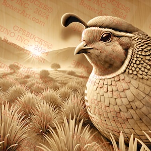 May include: A close-up of a carved wooden sculpture of a quail in a field of tall grass. The sculpture is painted in shades of brown and beige, and the quail's feathers are detailed with intricate carvings. The background is a soft, golden color, suggesting a sunrise or sunset.
