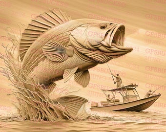 Archivo digital de ilusión 3D de pesca - Listo para grabado láser (Descarga instantánea, PNG)