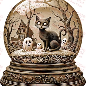 Boule à neige illusion 3D Black Cat - Décoration d'Halloween, Halloween effrayant, globe fantôme, maison hantée | Prêt pour le laser | Téléchargement instantané | 12,23 x 14