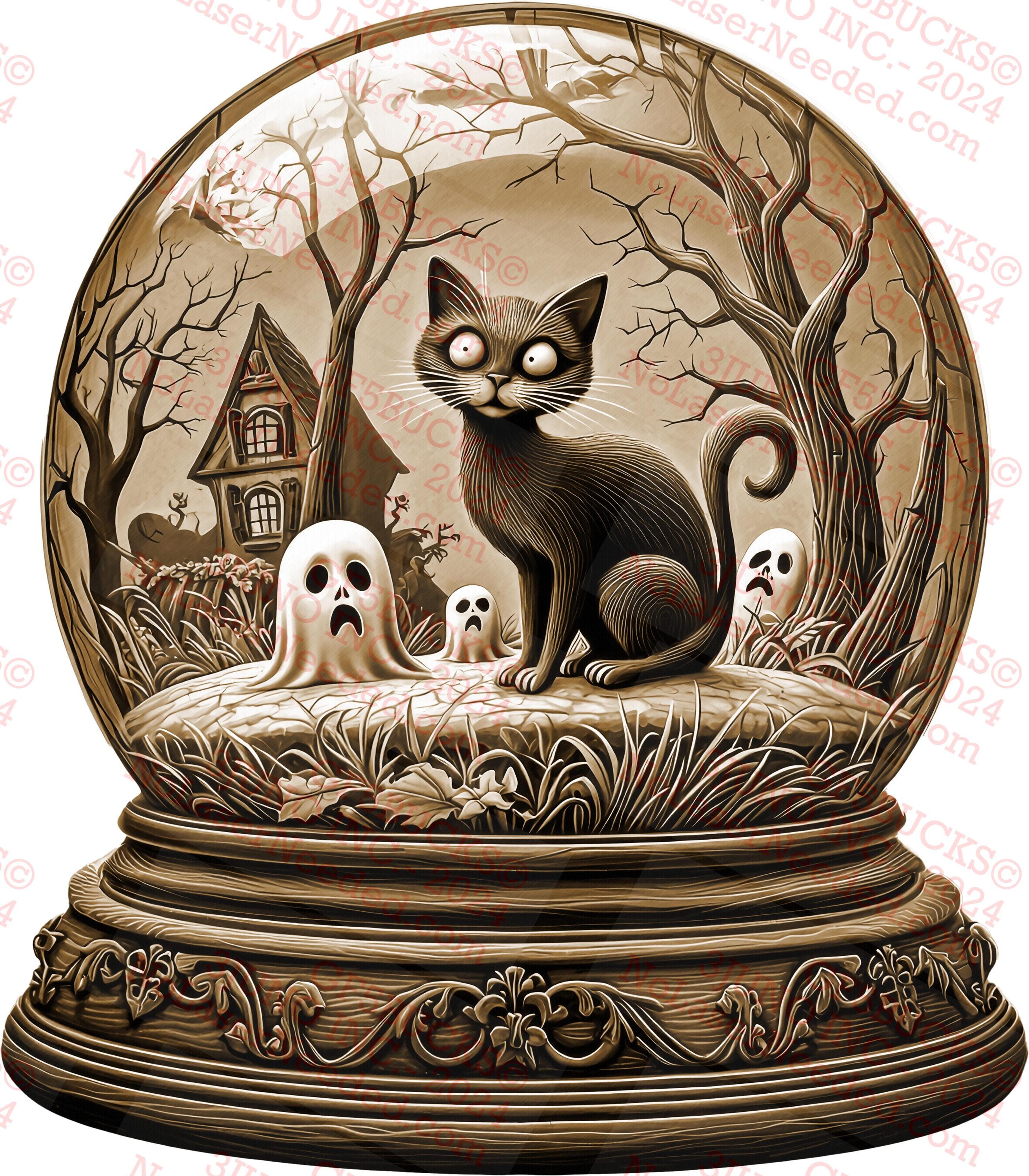 3D Illusion Black Cat Snow Globe - Halloween Decor, Spooky Halloween, Ghost Globe, Haunted House | Laser Ready | Instant Download | 12.23x14