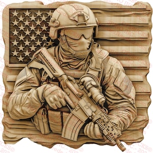 Arte mural de soldado con ilusión 3D, escultura militar con bandera estadounidense, decoración patriótica, compatible con láser, 14 x 14