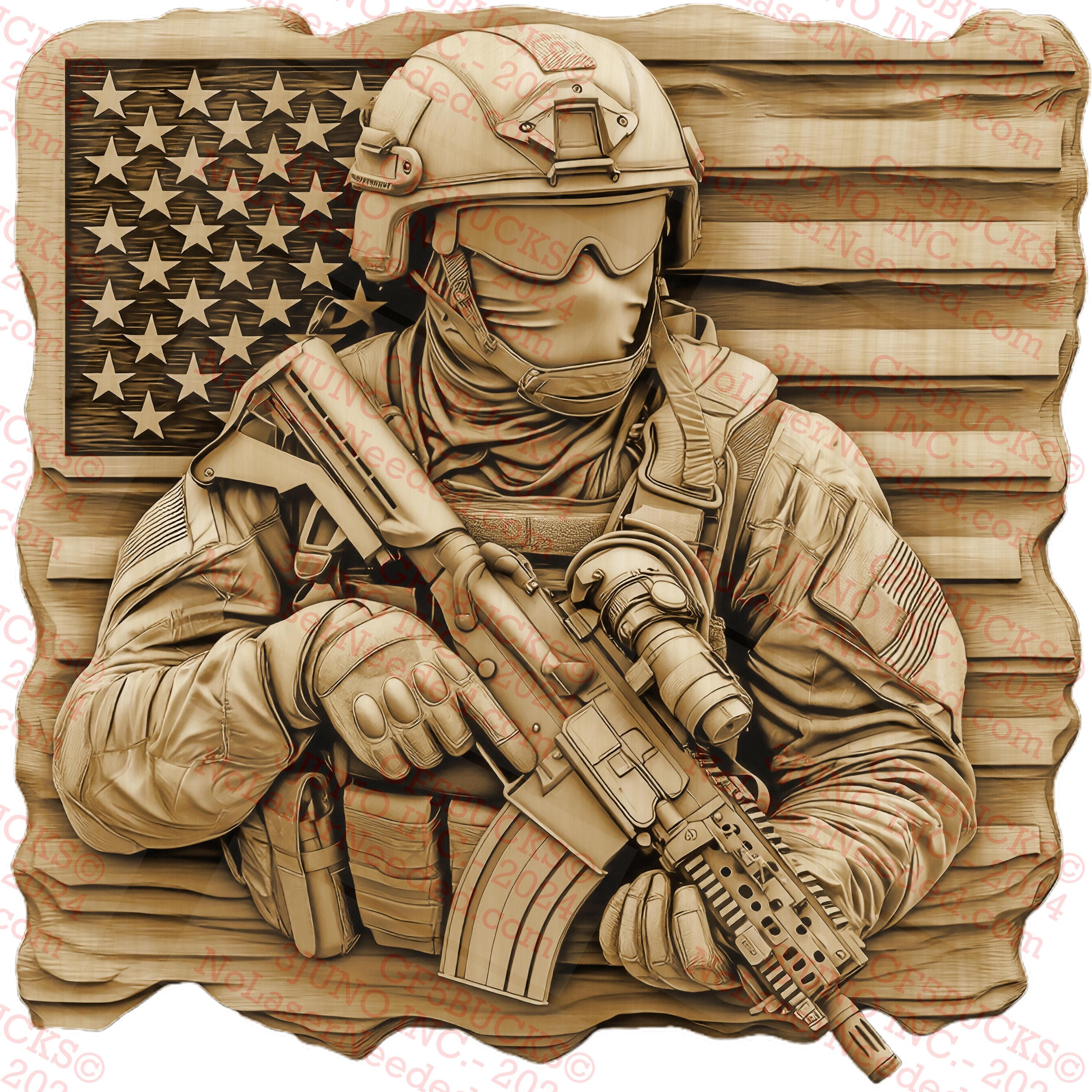 3D Illusion Soldier Wall Art, American Flag Military Sculpture, Patriotic Decor | Laser Ready | 14x14