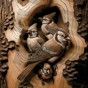 Eichelhäher-Vogelfamilie - 3D Illusion Laser graviertes Design, digitale Datei für Holzschnitzereien
