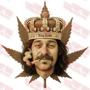 May include: A digital illustration of a man with a mustache and a crown labelled "King Louis". The man is smoking a cigarette and is set against a cannabis leaf background. The image has a sepia tone.