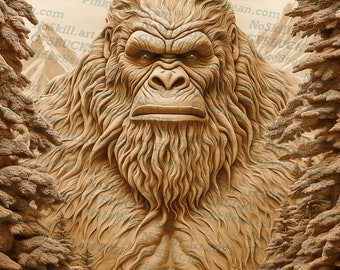 May include: A detailed wood carving of a large, hairy, ape-like creature with a serious expression. The creature is carved in a realistic style and is surrounded by trees. The carving is a representation of Bigfoot, a mythical creature said to inhabit the forests of North America.