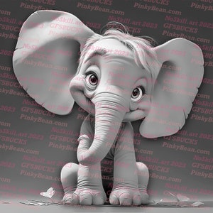 Puede incluir: Ilustraci&oacute;n en escala de grises de un elefante de dibujos animados con orejas grandes, ojos grandes y una trompa. El elefante est&aacute; sentado con las piernas dobladas y una peque&ntilde;a mariposa es visible cerca de sus pies. La imagen tiene un estilo suave y caprichoso.