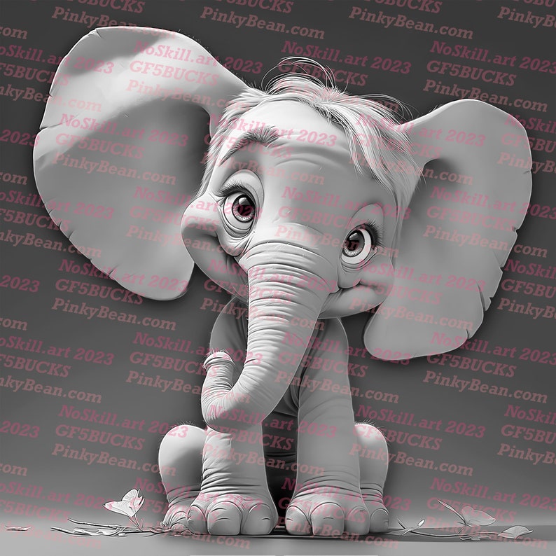 Puede incluir: Ilustraci&oacute;n en escala de grises de un elefante de dibujos animados con orejas grandes, ojos grandes y una trompa. El elefante est&aacute; sentado con las piernas dobladas y una peque&ntilde;a mariposa es visible cerca de sus pies. La imagen tiene un estilo suave y caprichoso.