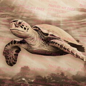 May include: A sepia-toned image of a sea turtle swimming underwater. The turtle is in focus, while the background is blurred and has a grainy texture.