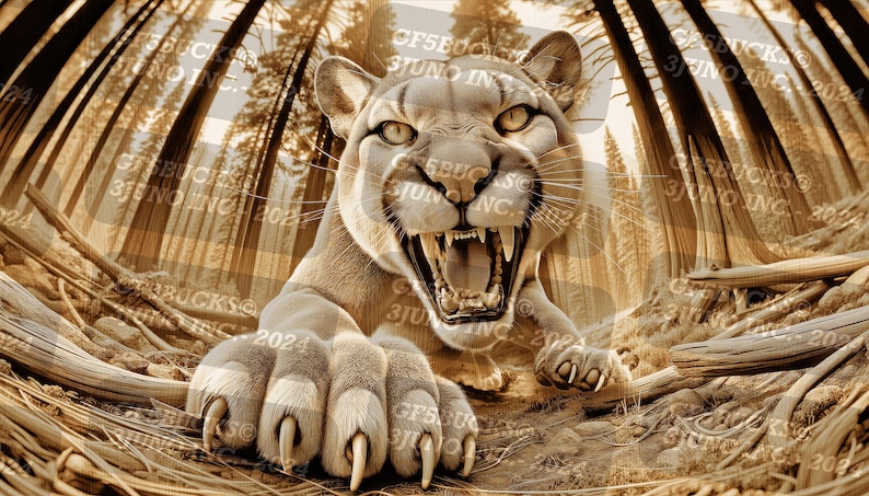 May include: A close-up of a cougar with its mouth open, showing its teeth, and its paw extended towards the viewer. The cougar is in a forest setting with tall trees in the background.