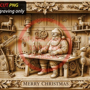 May include: A detailed wooden carving of Santa Claus in his workshop, surrounded by gears, reindeer, and gifts. The text "MERRY CHRISTMAS" is at the bottom. The image also includes the text "FULL CUT PNG laser engraving only".