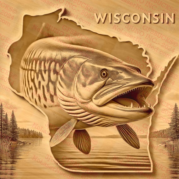 3D Illusion Musky Fish Art, Muskie Fishing Decor, Realistic Lake Fish Design, Outdoor Enthusiast Wisconsin | 14x14