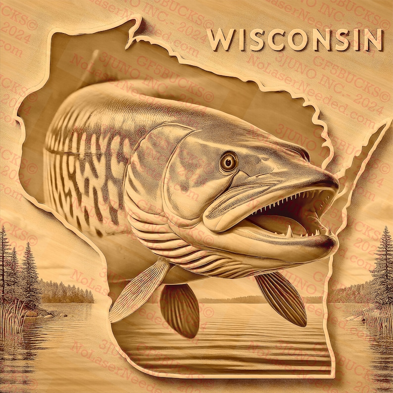 May include: A wooden carving of a muskie fish jumping out of the water, set against the outline of the state of Wisconsin. The carving is in a light brown color and has a realistic texture.